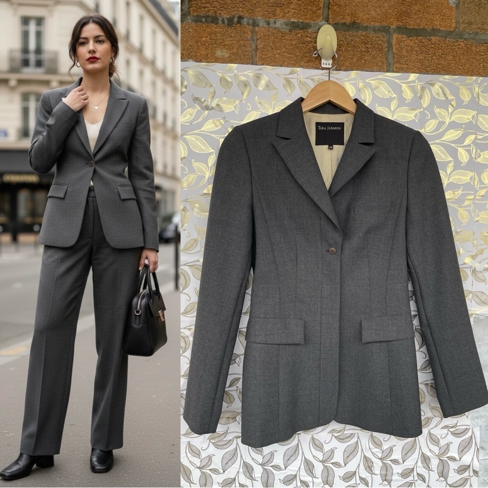 Tara Jarmon Paris Gray Wool Blend Blazer | Dark Academia Tailored Jacket 36/4